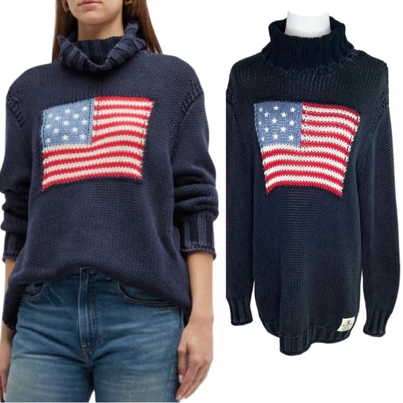 Denimist American Flag Turtleneck Sweater Size Medium Navy Oversized Patriotic - Picture 1 of 9